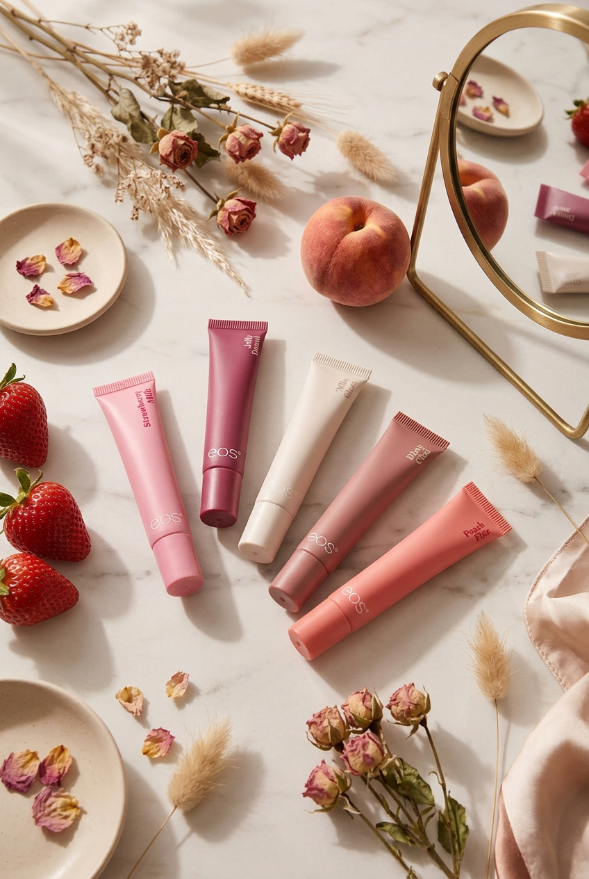 EOS Dewy Lip Shine product photograph with five lip gloss shades