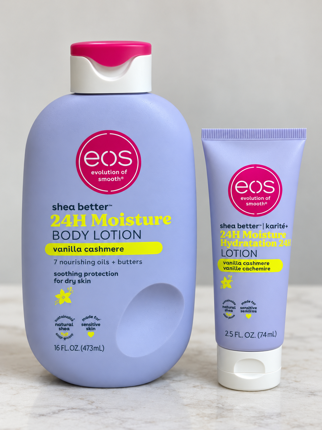 EOS Vanilla Cashmere body lotion in 16 ounce bottle and 2.5 ounce travel size tube