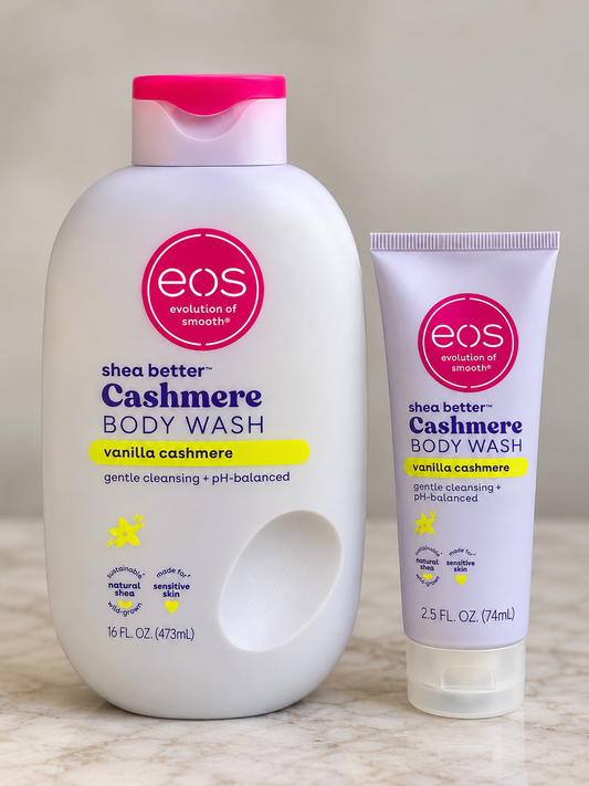 Full size and travel size EOS Vanilla Cashmere body wash bottles