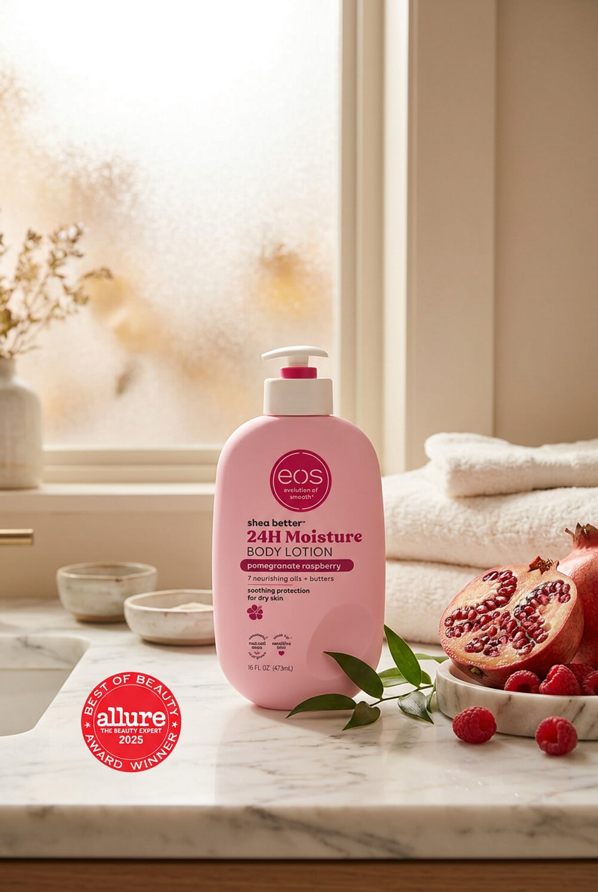 EOS Pomegranate Raspberry Body Lotion bottle with fruity pomegranate and raspberry fragrance.