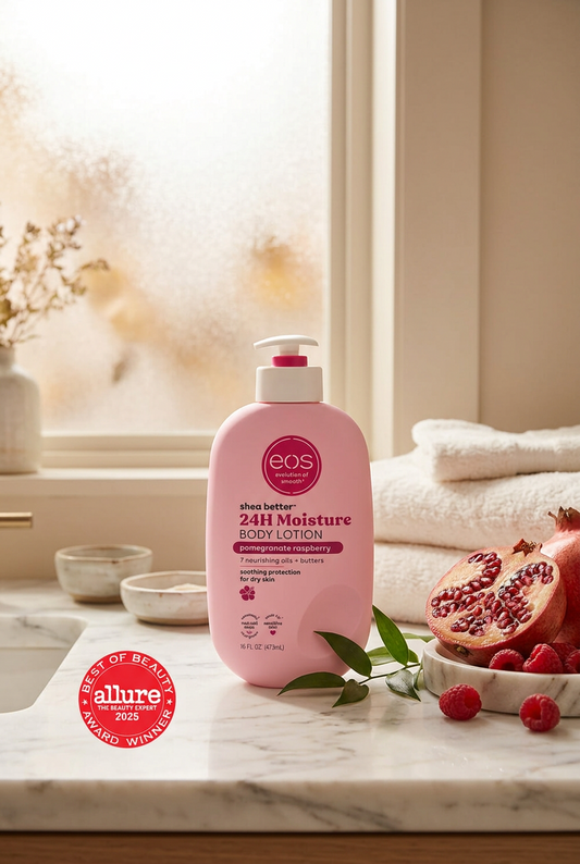 EOS Pomegranate Raspberry Body Lotion bottle with fruity pomegranate and raspberry fragrance.