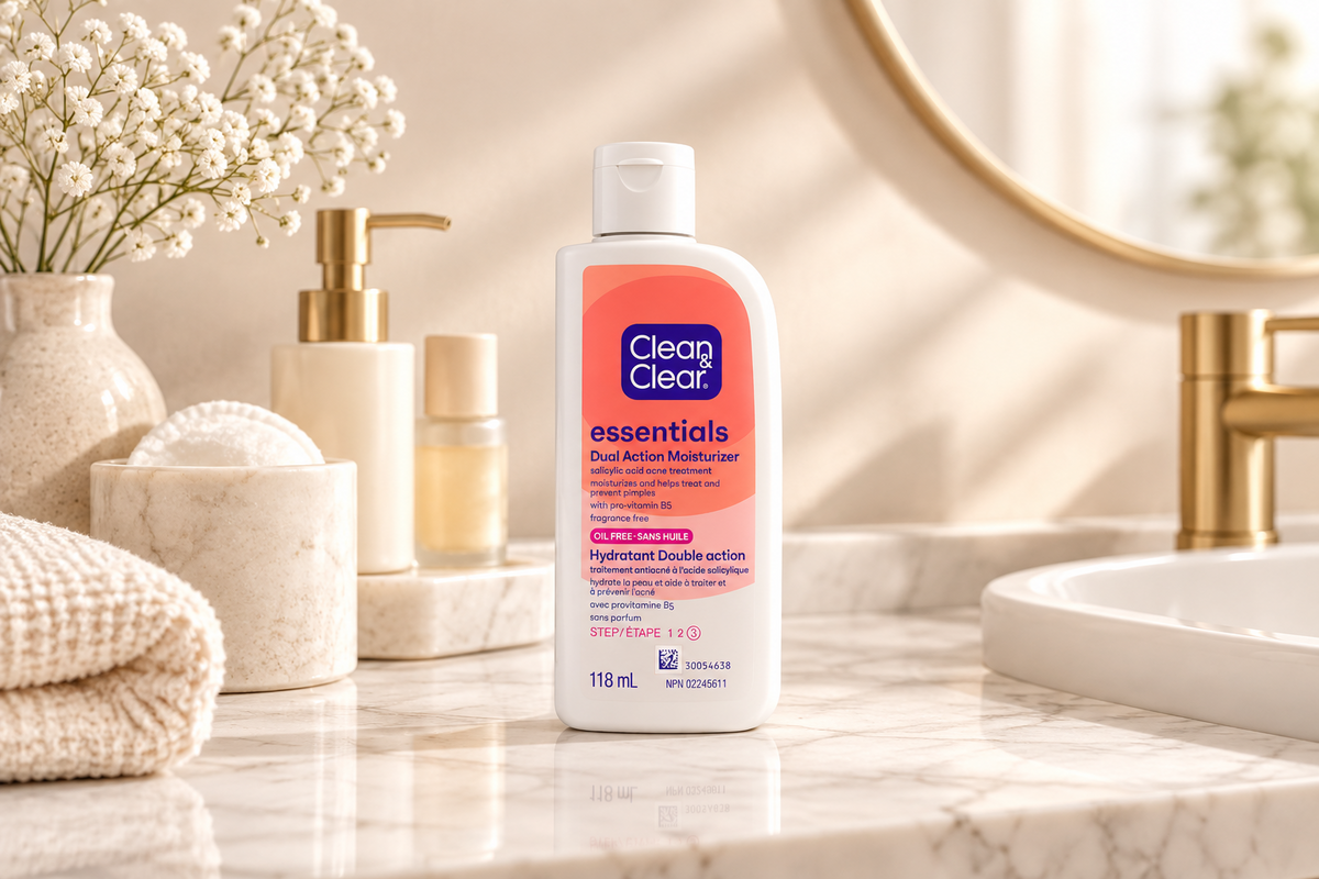 Clean and Clear Essentials Dual Action Moisturizer 118ml bottle on a marble bathroom counter