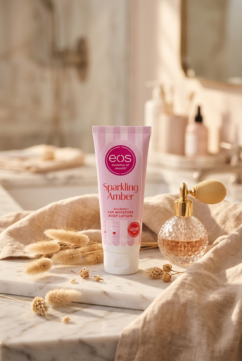 EOS Sparkling Amber travel body lotion, fragrance and packaging view