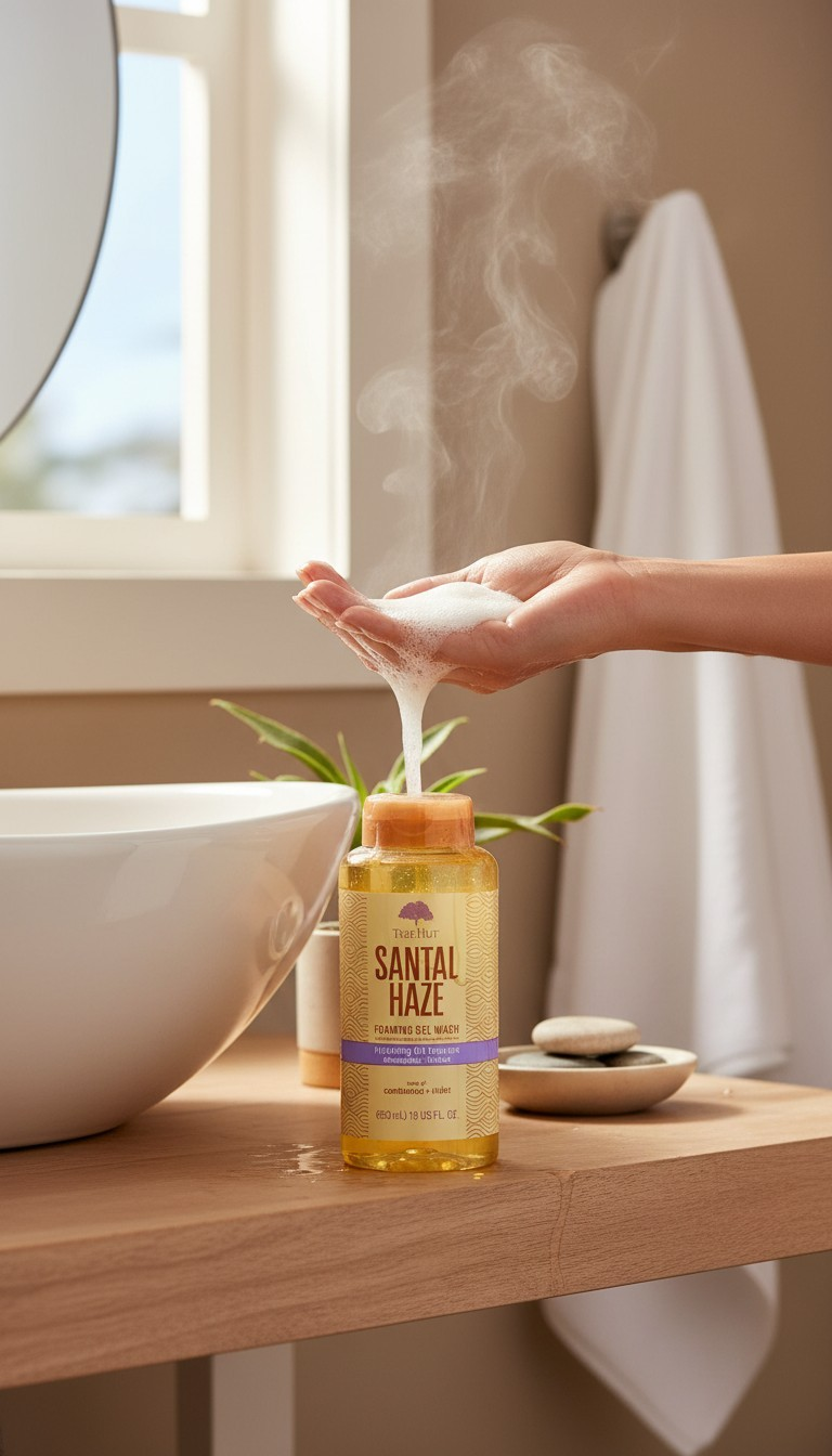 Tree Hut Santal Haze Foaming Gel Wash being dispensed into a hand with steam rising in a bathroom setting