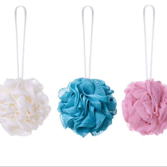 Soft exfoliating bath puffs in white, blue and pink