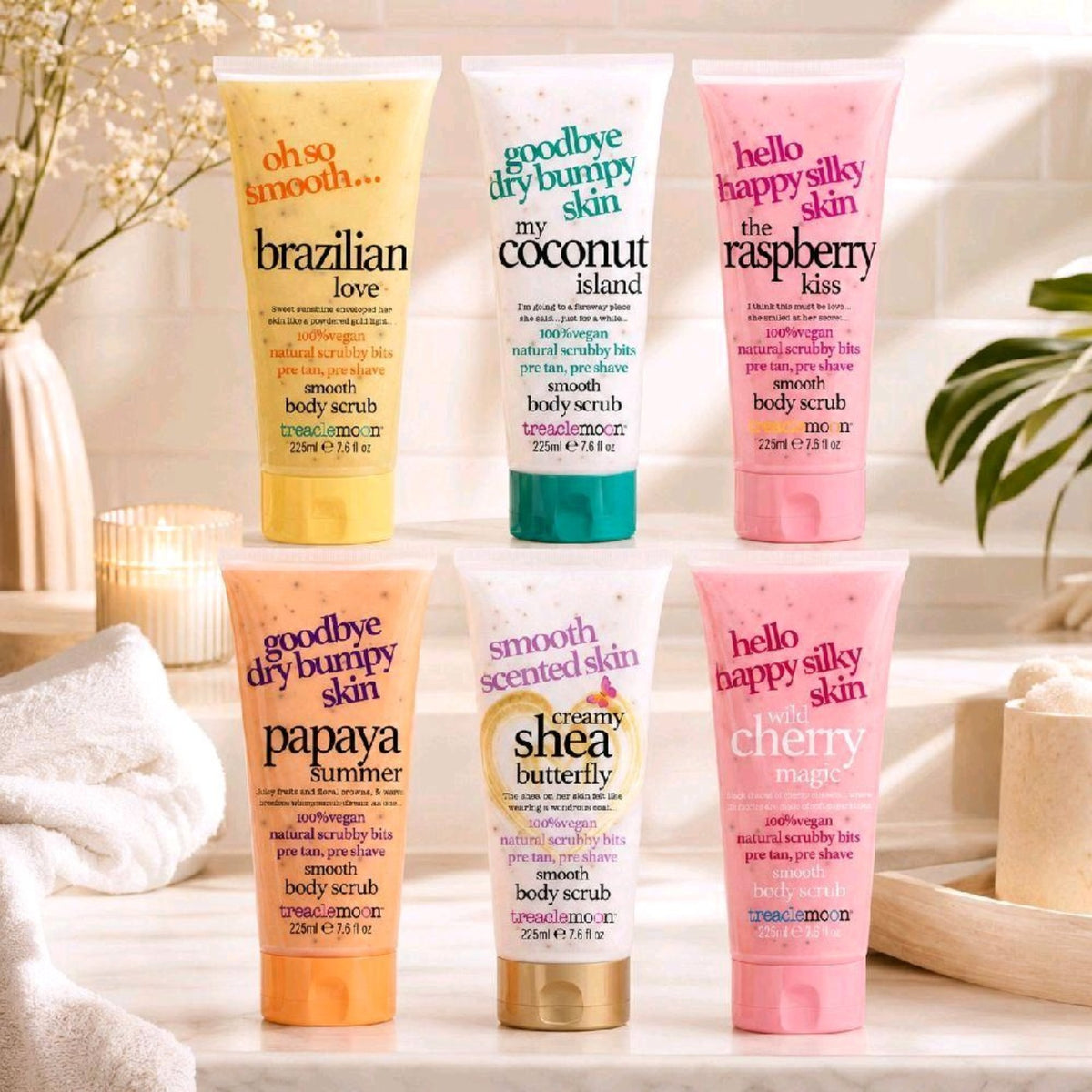 Treaclemoon body scrub range; six varieties pictured