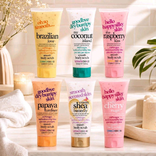 Treaclemoon body scrub range; six varieties pictured