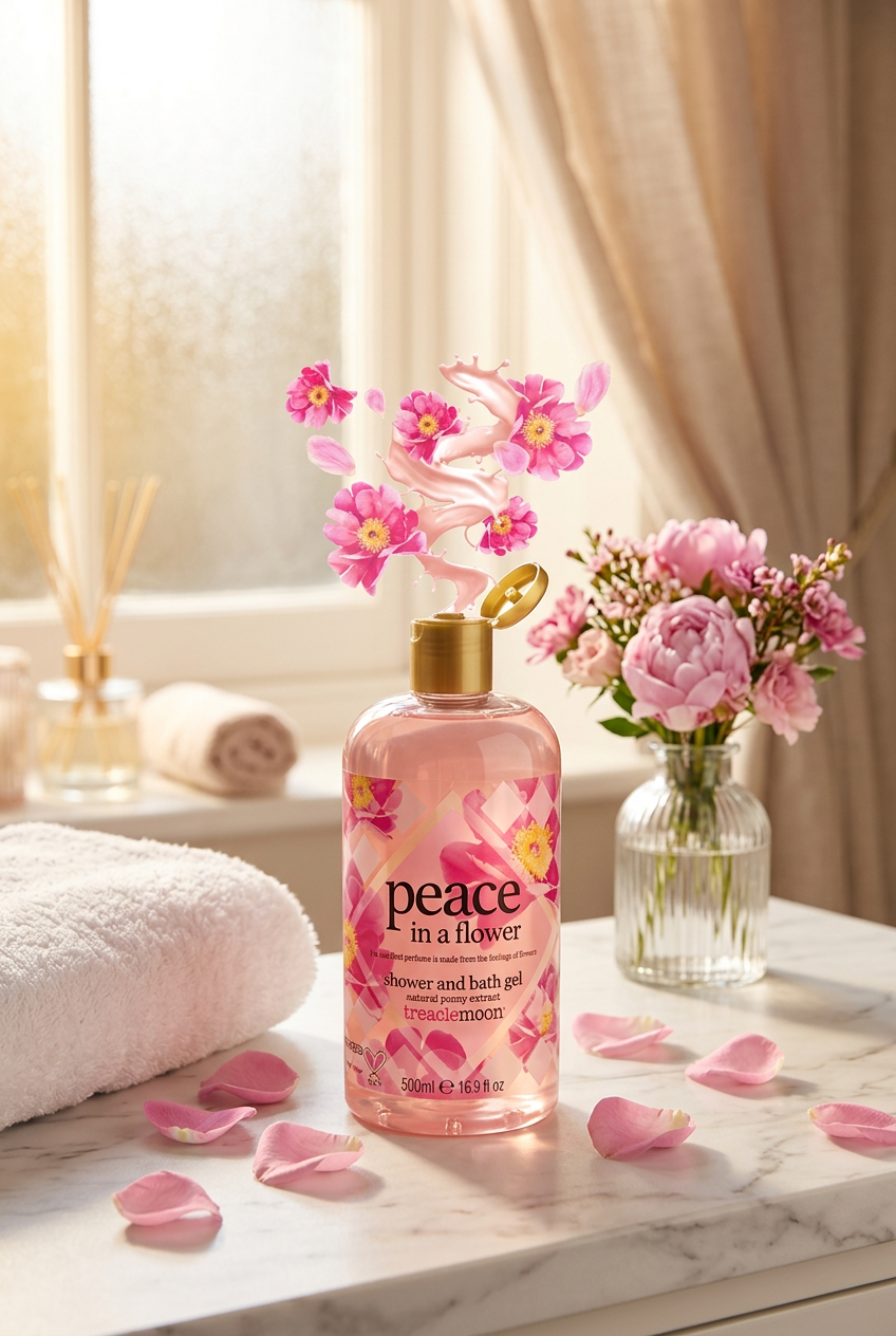 Treaclemoon Peace in a Flower Shower and Bath Gel 500ml with pink floral packaging, displayed on a marble countertop with fresh pink flowers, soft towels and a luxurious spa-inspired bathroom setting