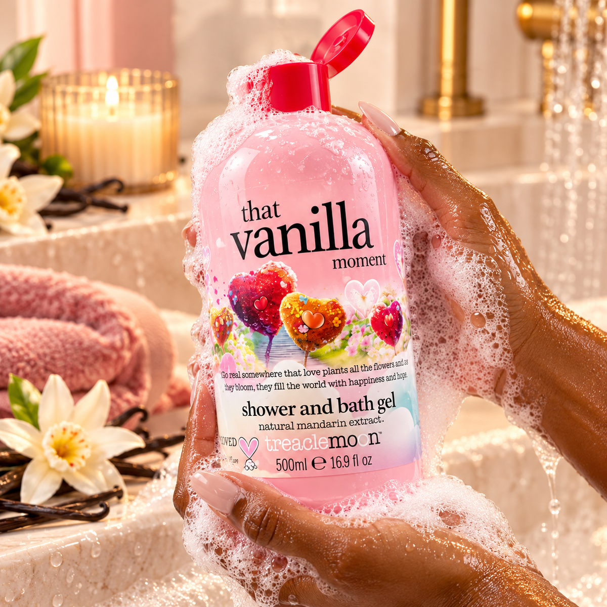 Treaclemoon That Vanilla Moment 500ml pink shower and bath gel held in hands with creamy lather