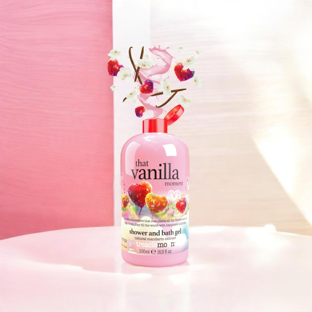 Treaclemoon That Vanilla Moment 500ml pink shower and bath gel with red flip-top cap and natural mandarin extract
