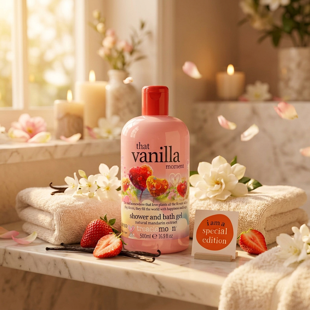 Treaclemoon That Vanilla Moment Shower & Bath Gel 500ml in a clear bottle containing pink gel, with a red flip-top cap and floral design.