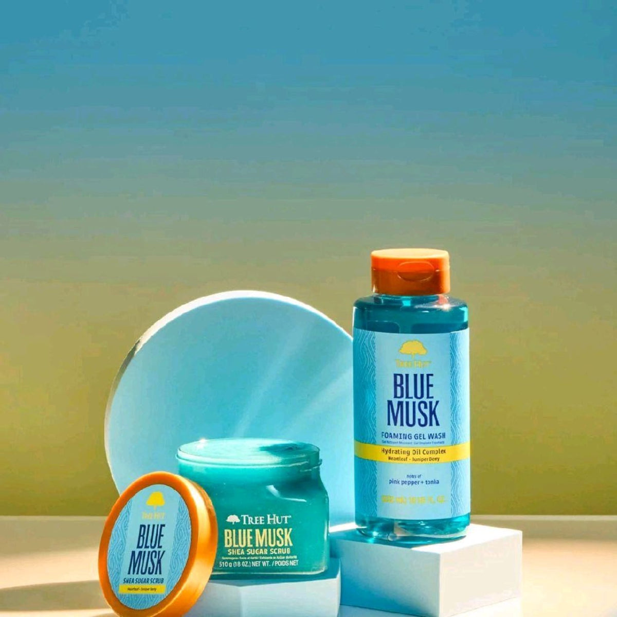 Tree Hut Blue Musk Collection – Shea Sugar Scrub and Foaming Gel Wash