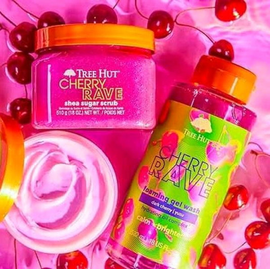 Tree Hut Cherry Rave body care collection