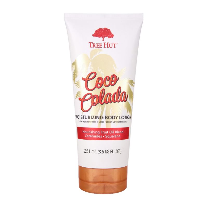 Tree Hut Coco Colada Moisturizing Body Lotion 251ml front of white tube with orange cap and tropical design