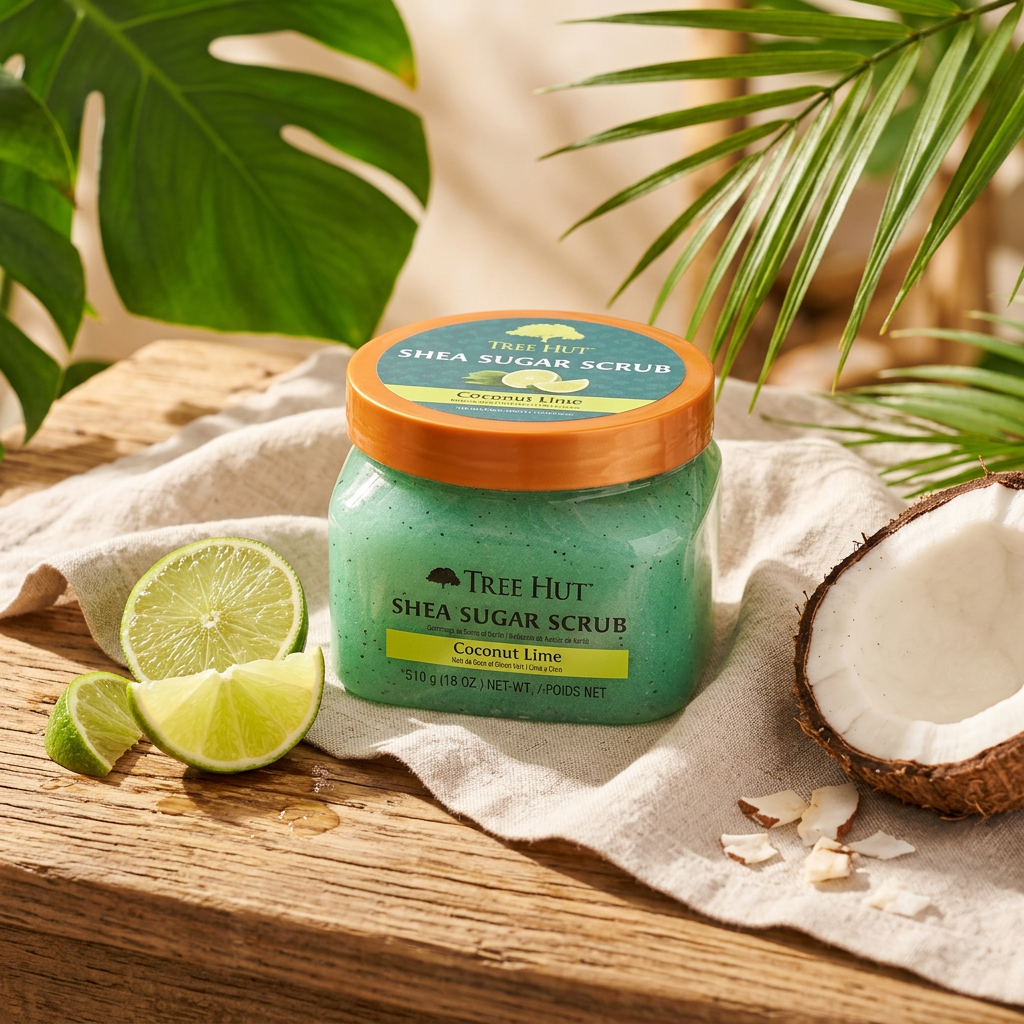 Tree Hut Coconut Lime Shea Sugar Scrub 510g jar on a wooden surface with fresh lime slices and coconut pieces