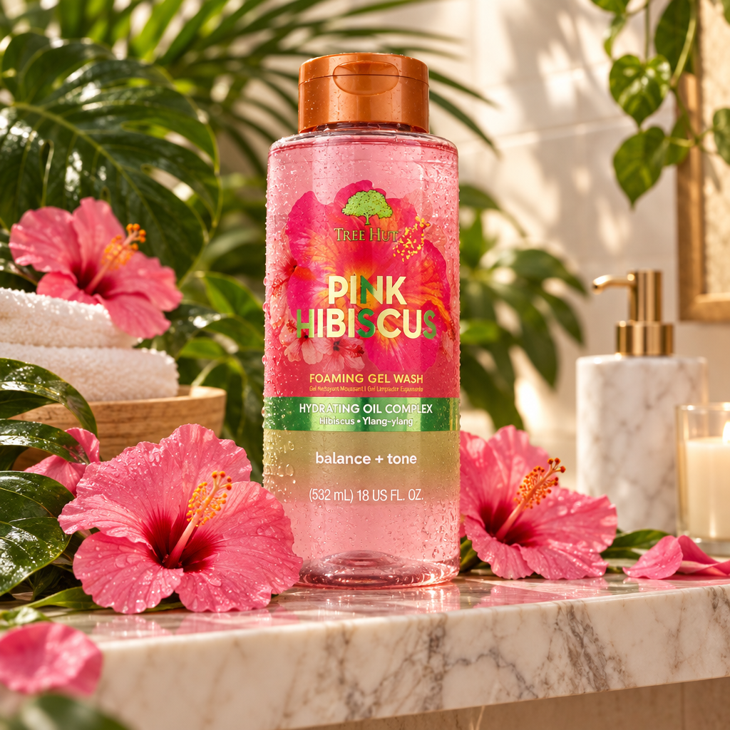 Tree Hut Pink Hibiscus Foaming Gel Wash 532ml bottle surrounded by hibiscus flowers and tropical leaves