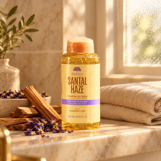Tree Hut Santal Haze Foaming Gel Wash 532ml bottle with sandalwood sticks and violet flowers on a marble counter